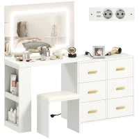 Tavolo da trucco con specchio e sgabello, con illuminazione LED regolabile e 6 cassetti, 118 x 78 x 135 cm, Bianco