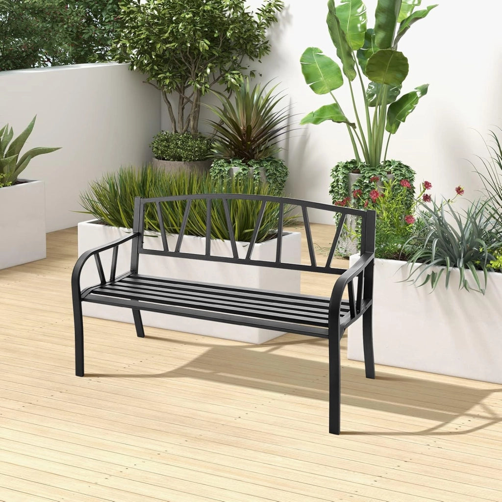 Panca da giardino, a 2 posti, con schienale e braccioli, in metallo, portata fino a 300 kg, per balcone, giardino, terrazza, colore nero (modello 1, 128 x 55,5 x 86 cm)
