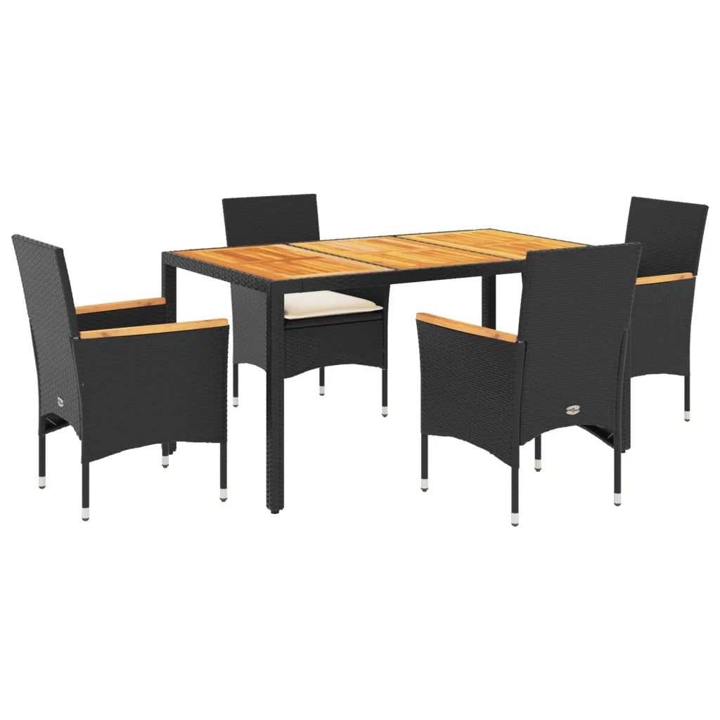 Set Pranzo da Giardino 5 pz con Cuscini Nero Polyrattan Acacia