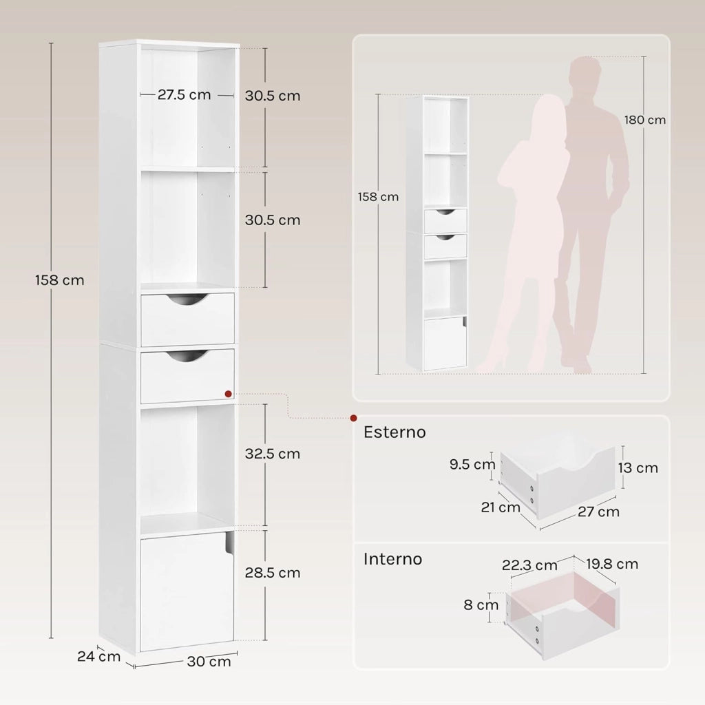Libreria Verticale, in Legno, con 3 Vani Aperti, 2 Cassetti e 1 Armadietto, Mobile Portaoggetti da Terra con Ripiano Regolabile, Bianco, 30x24x158cm