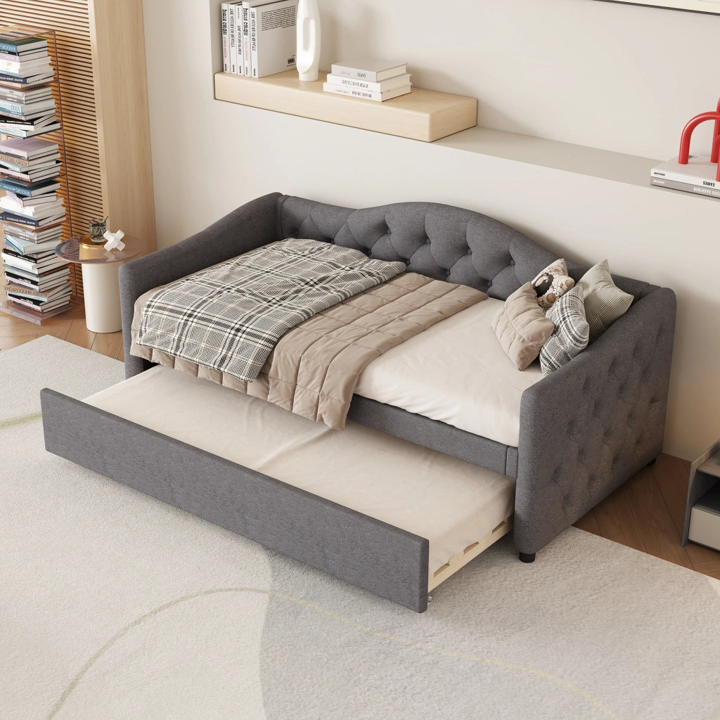 Letto estraibile singolo 90×200 cm con letto estraibile; senza materasso; lino e MDF; grigio; per camera da letto