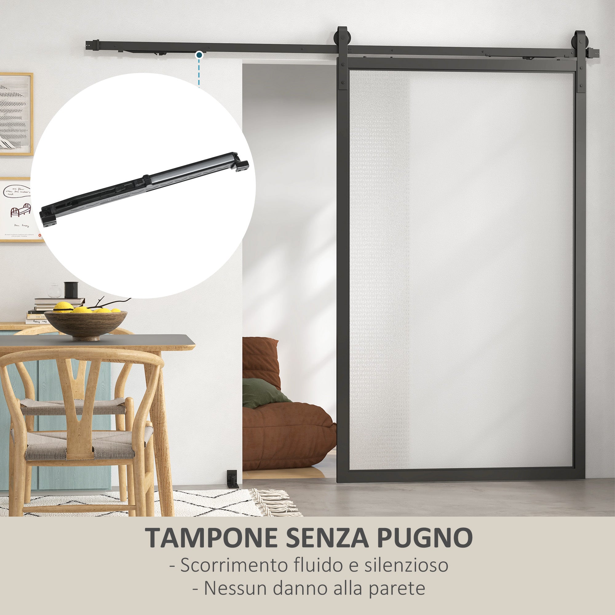 Kit Porta Scorrevole 90kg max Salvaspazio 244x0,5x4 cm in Acciaio al Carbonio con Accessori Nero