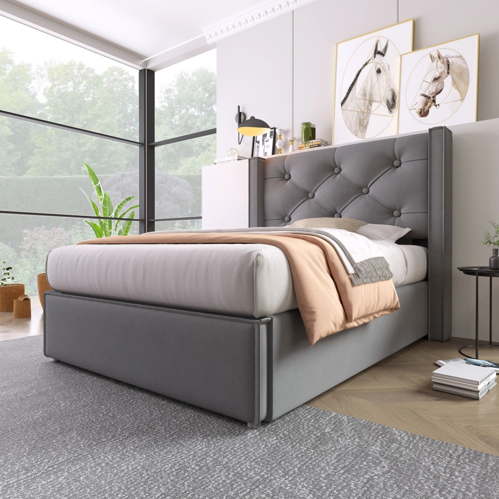 Letto singolo imbottito con contenitore 90x200 cm, testiera capitonné, grigio