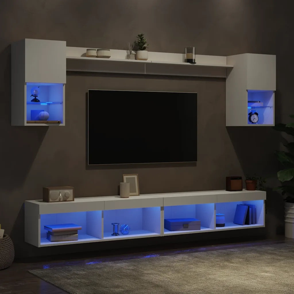 vidaXL Mobili TV a Muro con LED 6pz Bianchi in Legno Multistrato