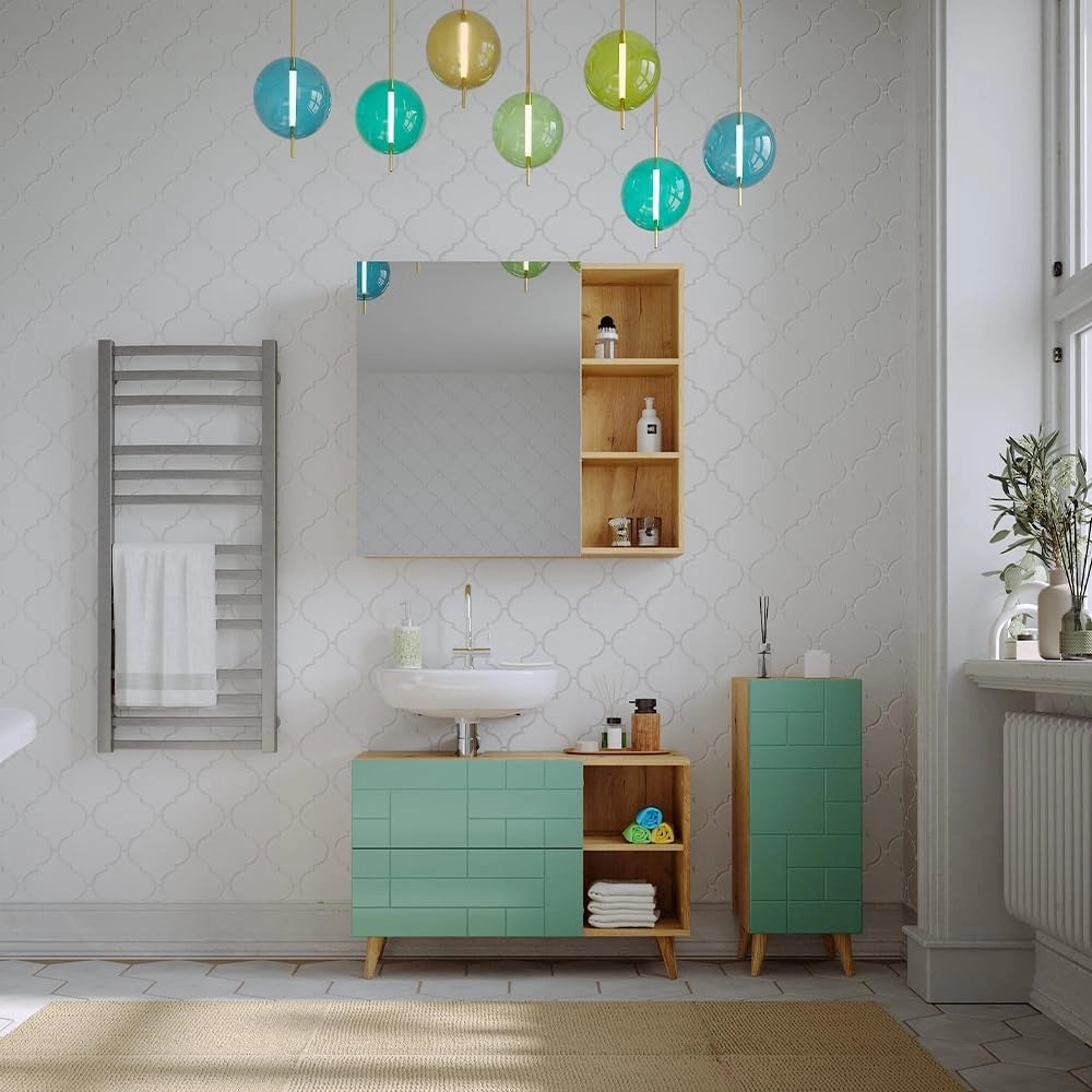 Mobiletto bagno Rudi, Verde menta, 30.3 x 80.3 cm con porta, con meccanismo push-to-open e struttura combinabile