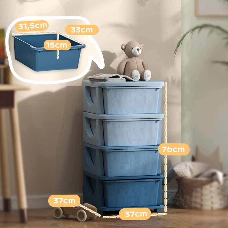 Cassettiera portaoggetti per bambini con 4 cassetti, plastica blu