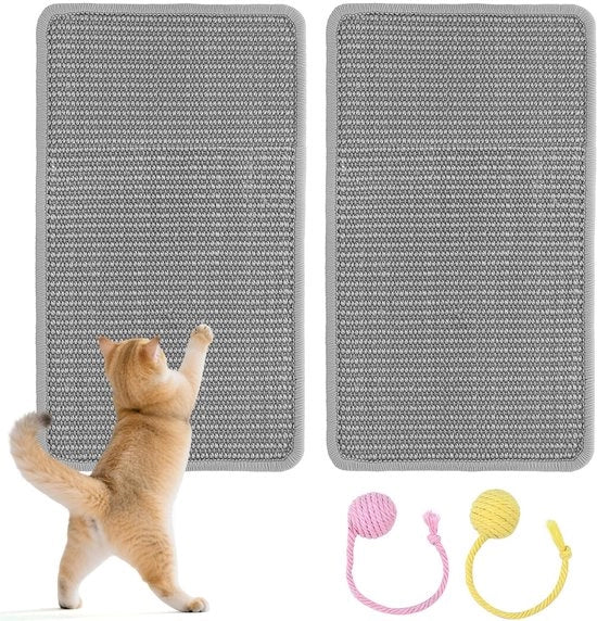 Mat per gatti 2 pezzi, 50x25 cm, con palline di sisal, piastrelle per gatti in legno naturale, piastrelle per gatti robuste, protezione contro graffi per divano, mobili e muro