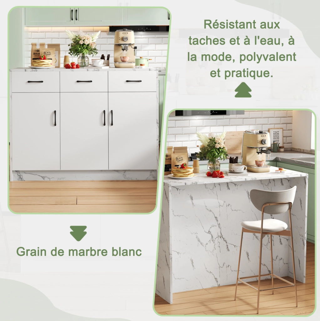Isola cucina 120x60x90;5 cm con 3 cassetti; 3 ante e area bar; MDF; bianco marmo