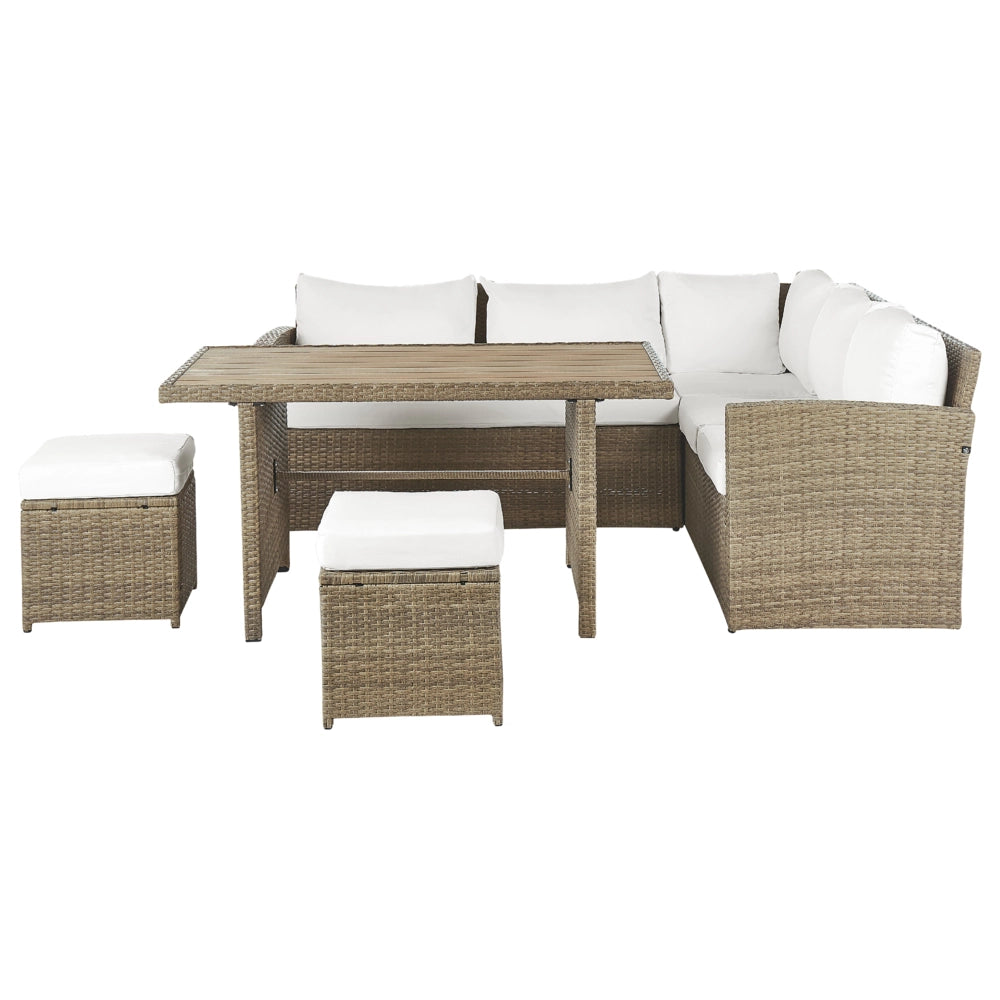 Set divano ad angolo da giardino marrone Rattan Sintetico bianco cuscini divano a 5 posti tavolo 2 ottomani set da pranzo all'aperto