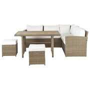 Set divano ad angolo da giardino marrone Rattan Sintetico bianco cuscini divano a 5 posti tavolo 2 ottomani set da pranzo all'aperto