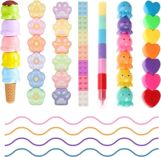Set di 7 scatole (38 pezzi) Pastelli di colore pastello Mini - Pastelli di evidenziazione kawaii accatastabili per scrittura e disegno