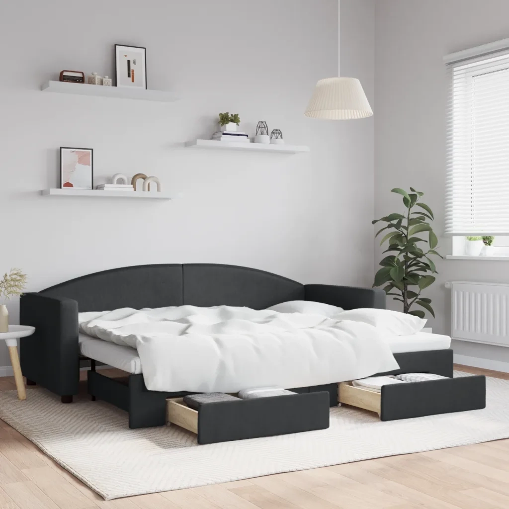 Divano letto | Sof¨¤ letto | Letto singolo Estraibile con Cassetti Nero 80x200 cm in Tessuto