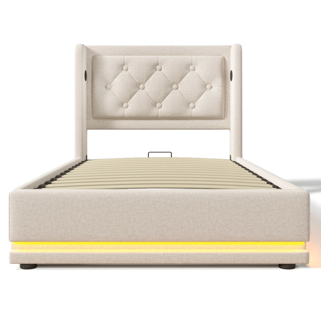 Letto singolo imbottito 90x200 cm beige in cotone con contenitore; USB Type-C e LED