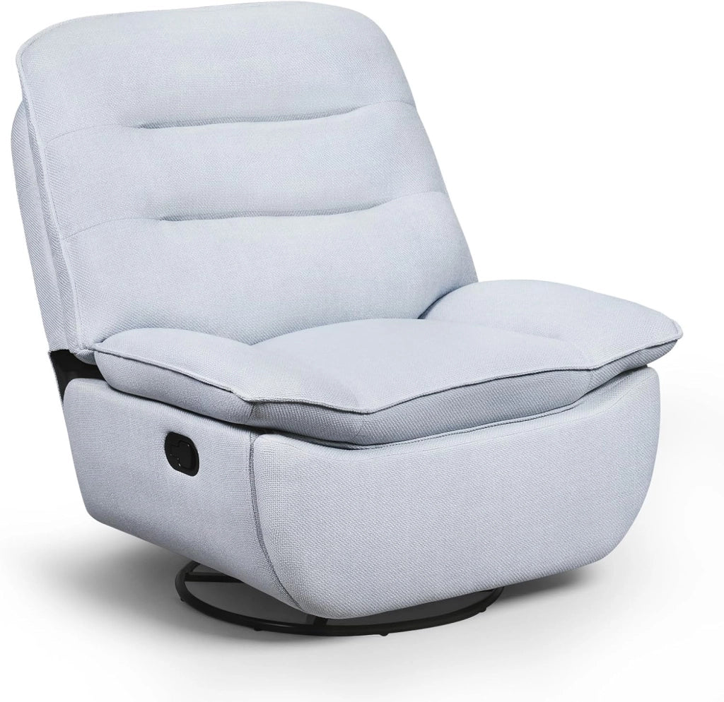 Poltrona Relax Reclinabile Manuale, Girevole e Dondolante, Poltrona con Poggiapiedi Pieghevole e Scomparto Laterale, Tessuto Effetto Lino, per Soggiorno, Grigio Scuro