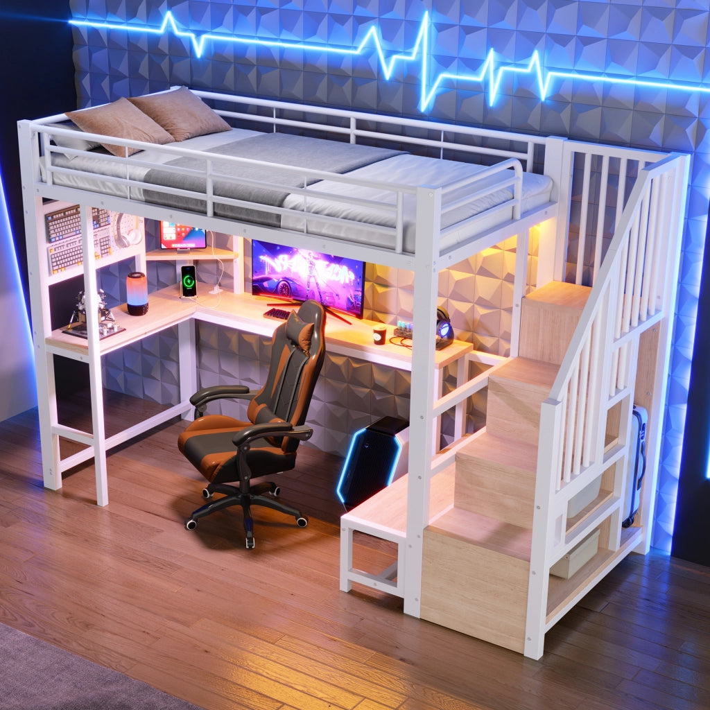Letto a soppalco in metallo 90x200 cm, letto alto matrimoniale con scrivania, pannello forato, scala contenitore, prese USB/USB-C, ripiani e illuminazione LED, bianco