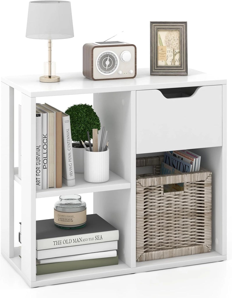 Scaffale portaoggetti con 3 cubi, 60 x 30 x 53 cm, libreria in legno indipendente, 2 livelli con 1 cassetto, mensola da esposizione per soggiorno, studio, ufficio (Bianco)