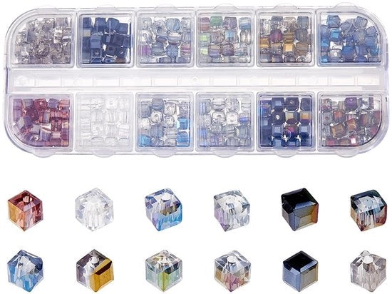 Accessori per gioielli - 360 pezzi - Perle di vetro 12 colori - Cristalli quadrati per perle 4mm - Spacer per perle - Creazione di gioielli - Disegno unico