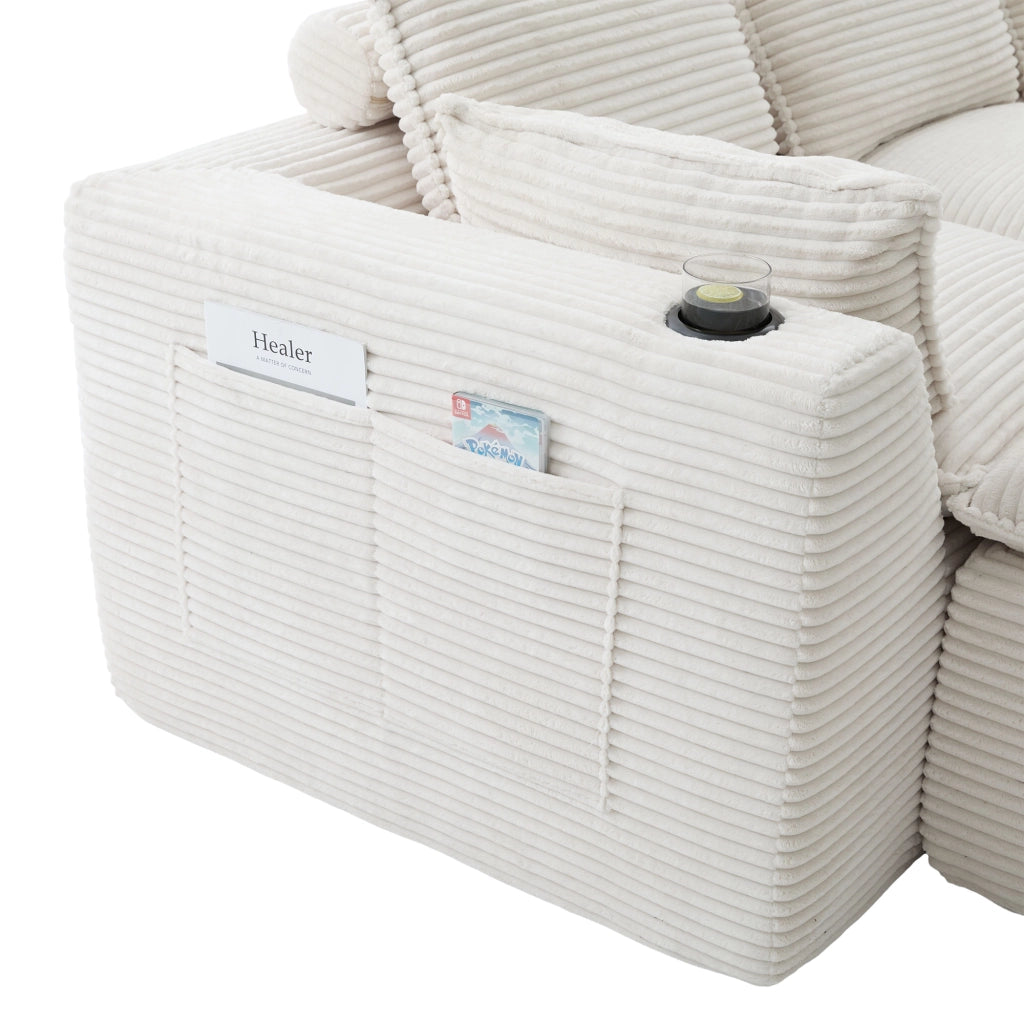 Divano modulare 4 posti in velluto a coste beige con 2 pouf e portabicchieri