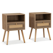 Set di 2 comodini in rattan con cassetto, Tavolini laterali stile boho da letto in legno per soggiorno Naturale-Comodini