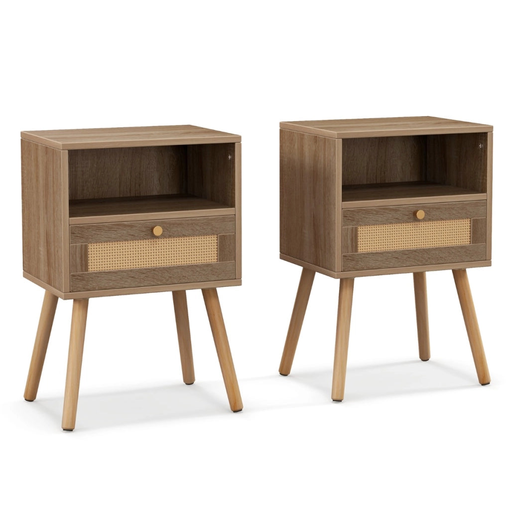 Set di 2 comodini in rattan con cassetto, Tavolini laterali stile boho da letto in legno per soggiorno Naturale-Comodini