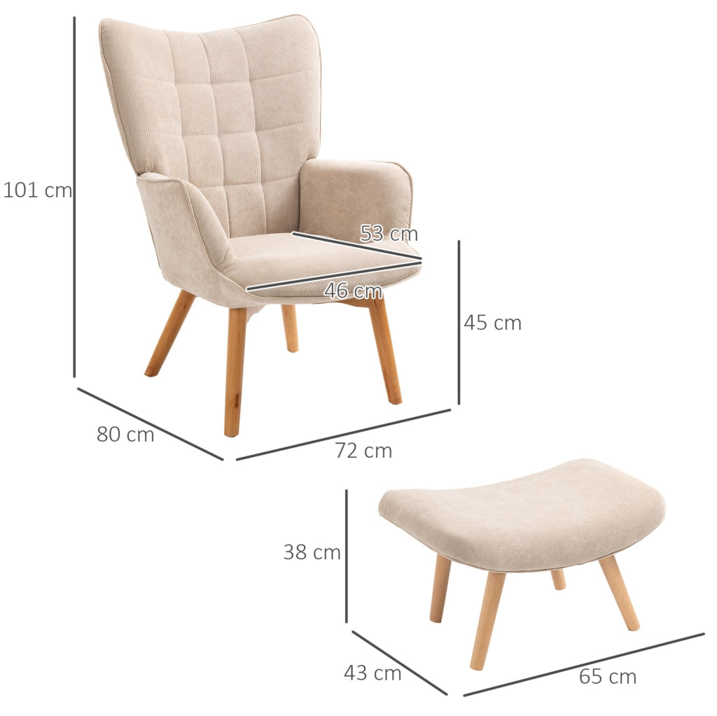 Poltrona con pouf 72x80x101 cm con struttura robusta in corduroy beige