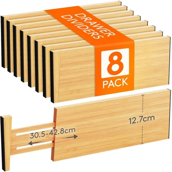 8-delighi separatori di carico in bambù naturale, separatori di carico regolabili per larghezza 40-56 cm e altezza 12,7 cm, sistema di organizzazione per cucina, armadi e scrivanie