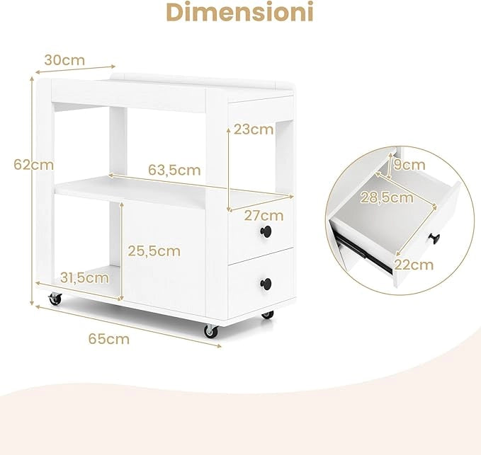 Tavolino da Salotto, Tavolino Moderno Laterale a 2 Cassetti con Ripiani Aperti e Ruote Universali Bloccabili, Tavolo Stretto per Soggiorno, Camera da Letto e Ufficio (Bianco)