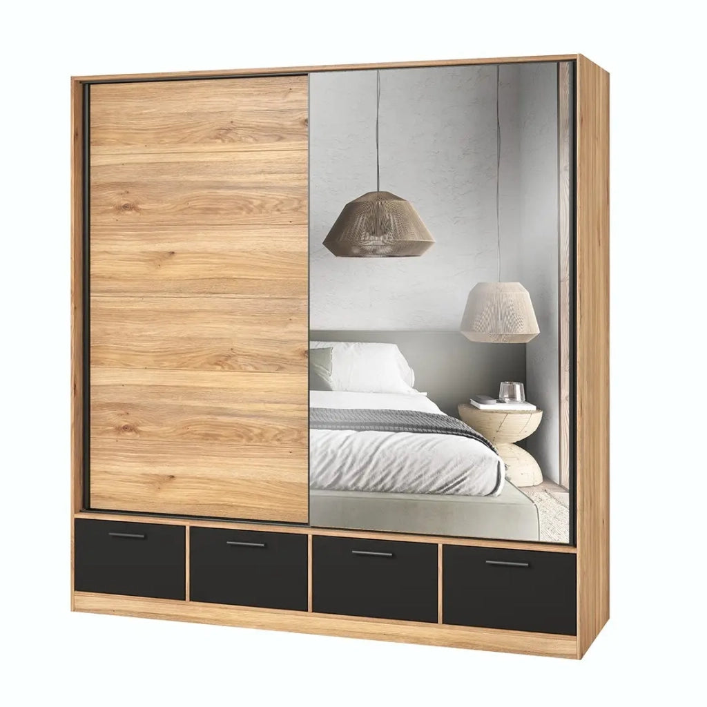Camera da letto design collezione EOS: Armadio, Letto 180x200, comò, comodini. Colore rovere chiaro e nero.