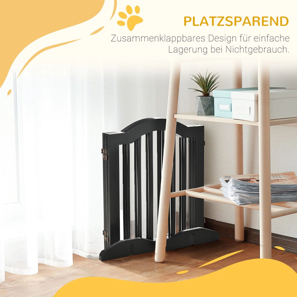 Cancelletto per cani pieghevole a 3 pannelli con piedini di supporto in legno nero per porte e scale 154,5 × 61 cm
