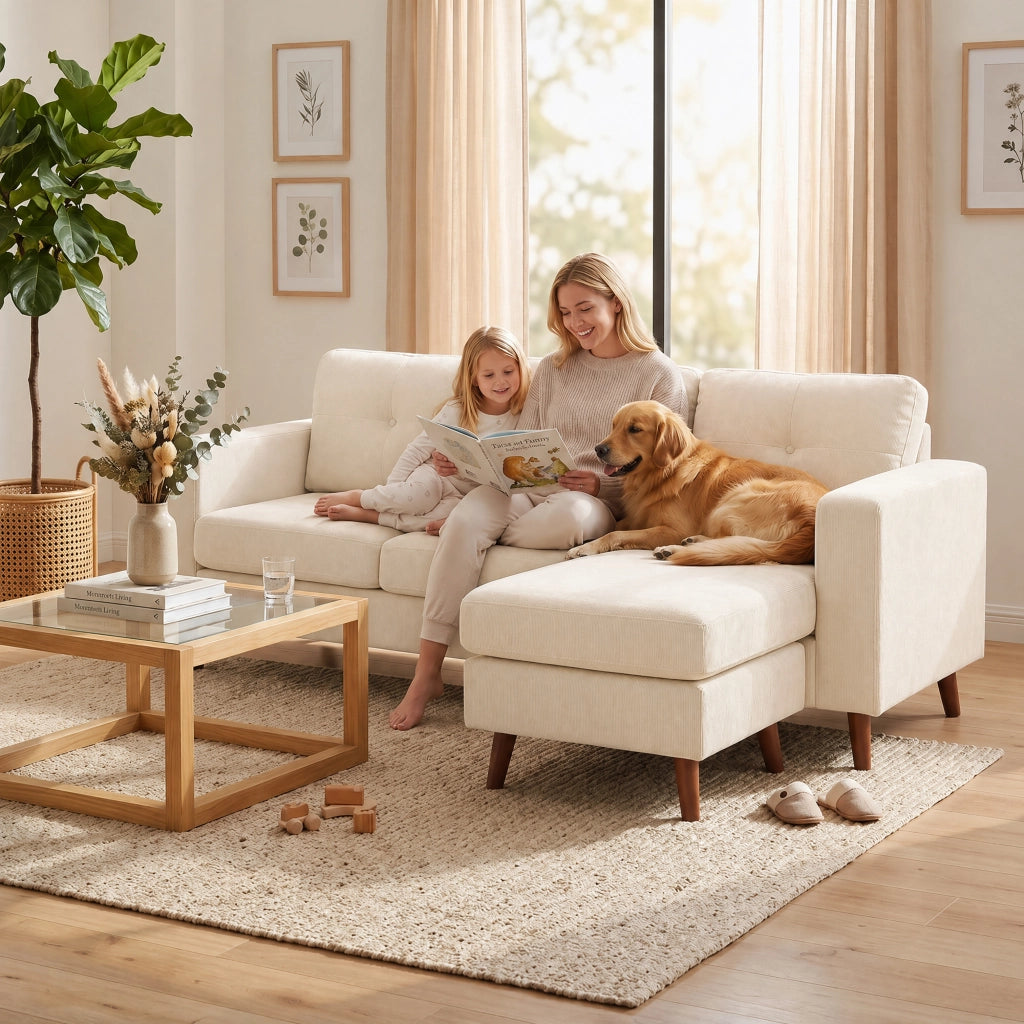 Divano Angolare 3 Posti con Chaise Longue Reversibile ¨C Zephmum ¨C Tessuto Crema 192 cm