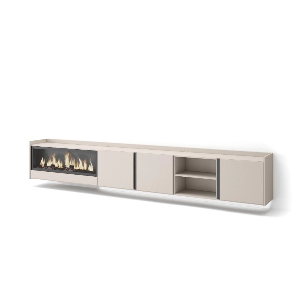 Mobile TV Soggiorno, 315x50x35 cm, Per TV fino a 80", Camino elettrico XXL, Sospeso, da appendere, LED, Beige