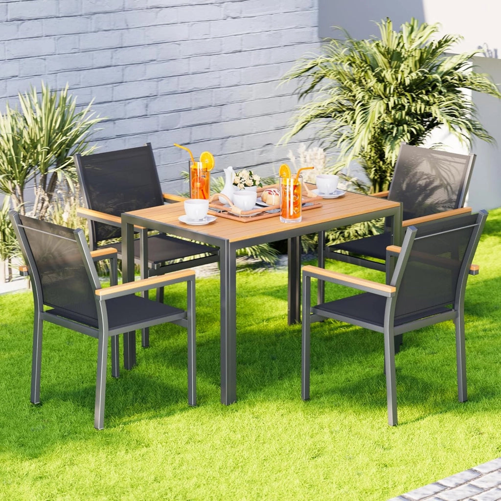 Sedie Da Giardino set da 4, Sedia impilabile per sala da pranzo in alluminio, Corrimano in WPC, Sedie Da Esterno Per Esterni, per terrazza, balcone, terrazza, piscina, ristorante, Nero