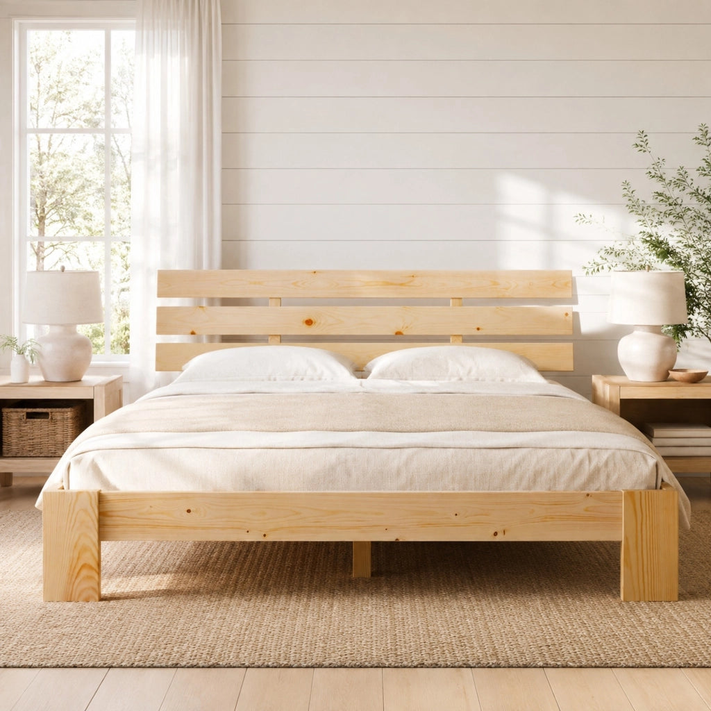 Letto matrimoniale 140x200 cm in legno massello di pino; colore naturale; con rete a doghe
