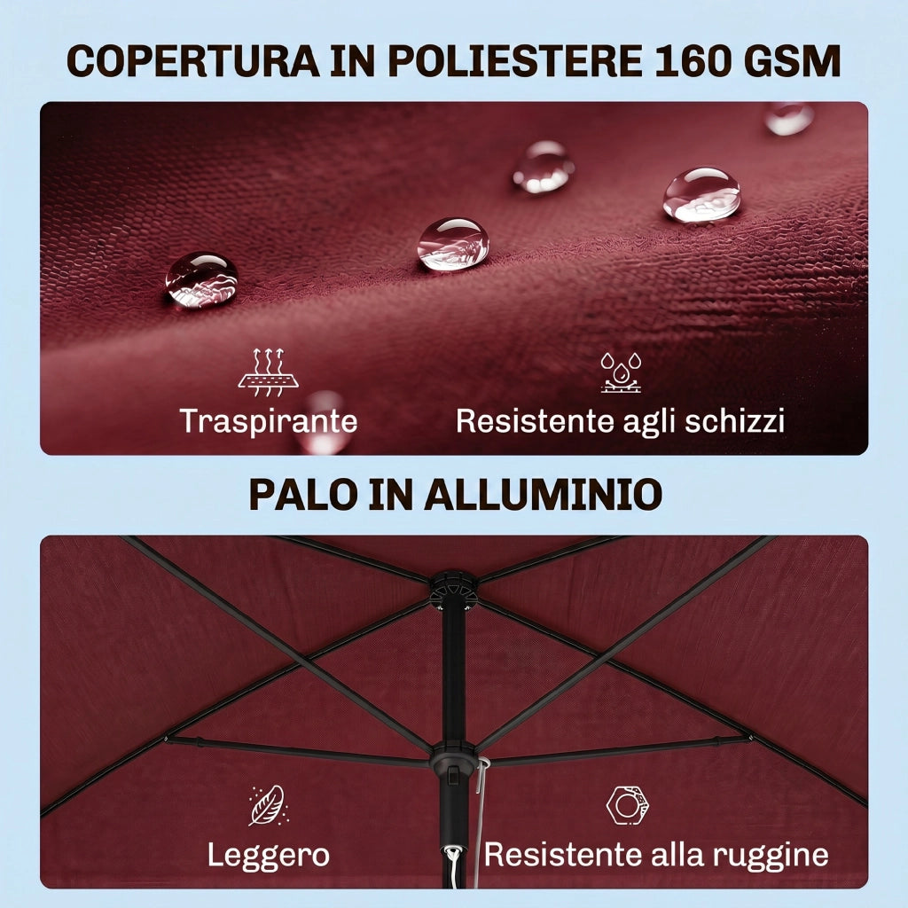Ombrellone da Giardino Rettangolare e Regolabile con Palo in Alluminio, 2x1.3x2.5 m, Rosso Vino