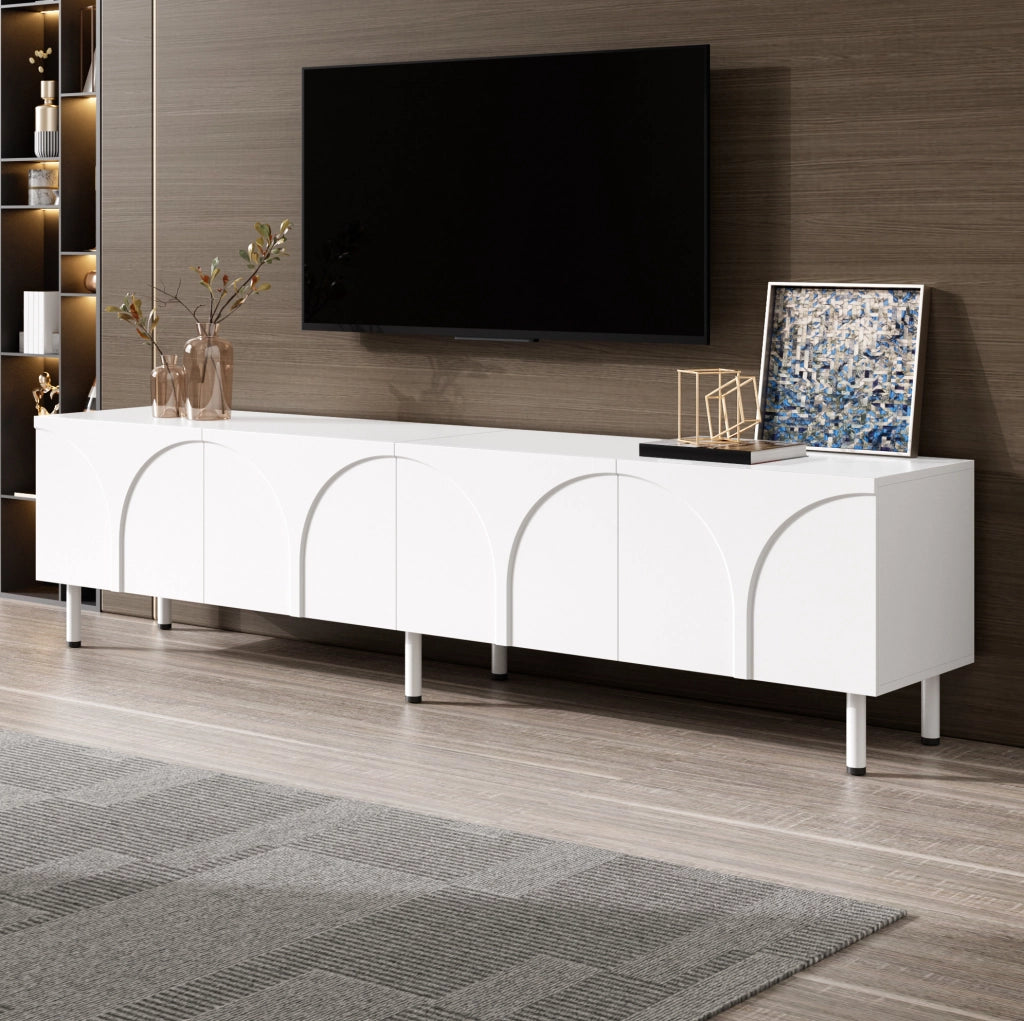 Credenza TV 180x35x49 cm con 4 ante; due spazi separati; in MDF e pannello truciolare; bianco