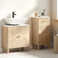 Mobile Sottolavabo a 2 Ante con Ripiano Effetto Marmo e Mensola Regolabile, Rovere