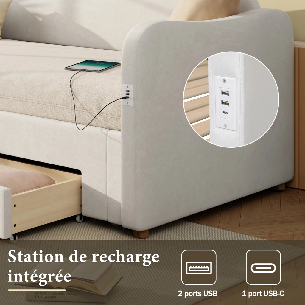 Letto Estraibile 90x200 cm e 180x200 cm; con Cassetti; USB e Type-C in Velluto Beige