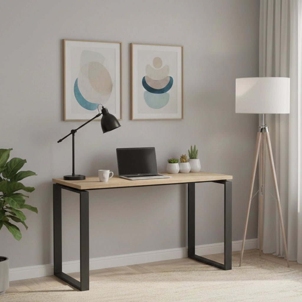 Scrivania Pierrot, Scrittoio multiuso, Tavolo per ufficio porta PC, Piano di lavoro, 120x60 h76 cm, Rovere e Grigio