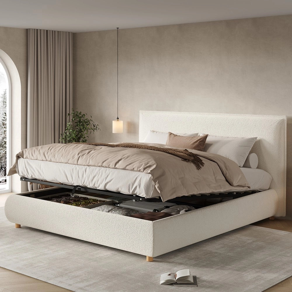 Letto Imbottito Matrimoniale Contenitore ¨C Xylo ¨C Bianco Boucl¨¦, Testiera, Doghe, Idraulico, 180x200