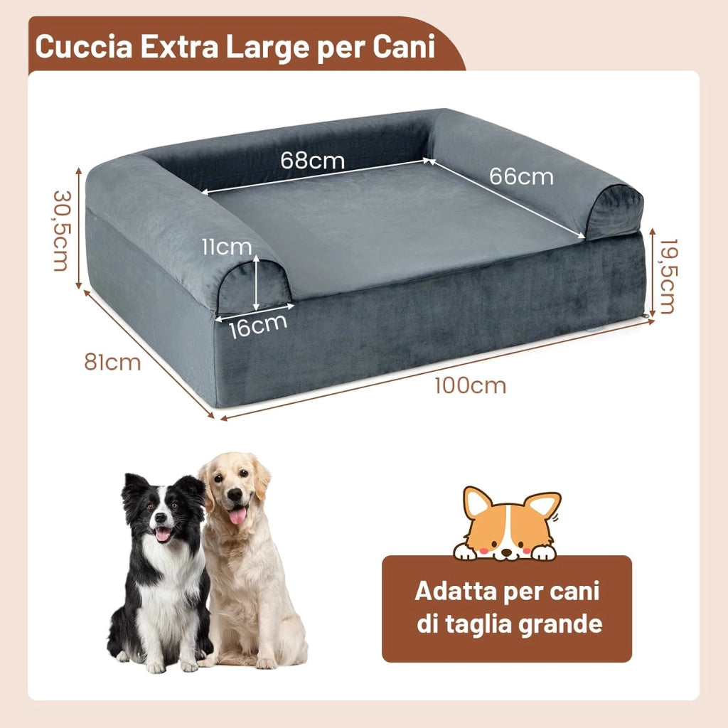 Letto Ortopedico per Cani, Cuccia per Animali in Schiuma di Memoria con Poggiatesta, Copertura Rimovibile e Fondo Antiscivolo per Cani Anziani, 102 x 82 x 30,5 cm