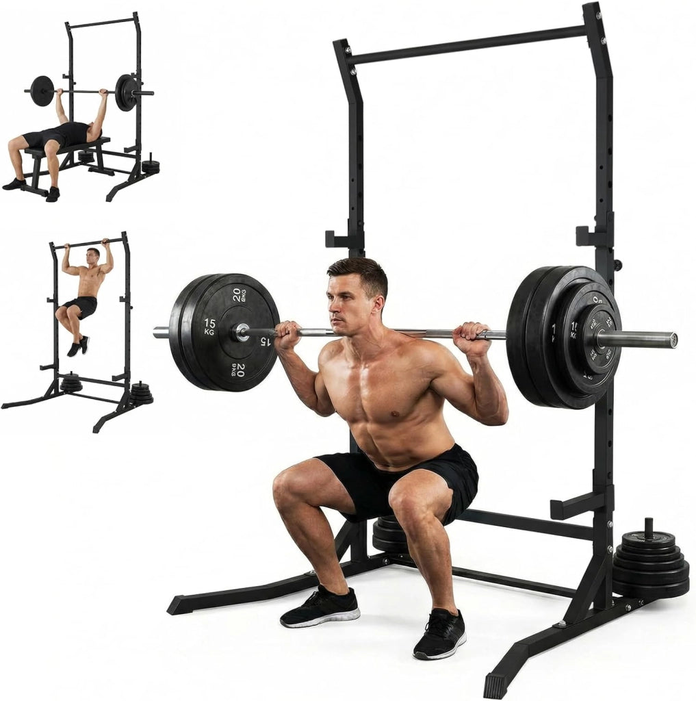 Power Cage Squat Rack - Rack di potenza multifunzionale per asta di casa, palestra, gancio a J regolabile e barre di sicurezza per trazioni con bilanciere