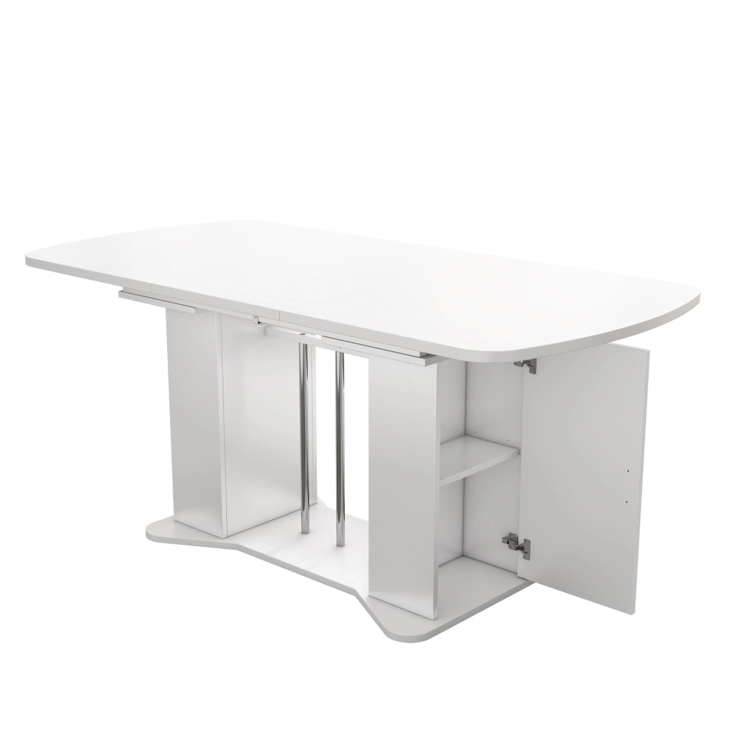 Tavolo da pranzo allungabile 120/160 x 80 cm in MDF, bianco, con gambe effetto argentato e vano portaoggetti