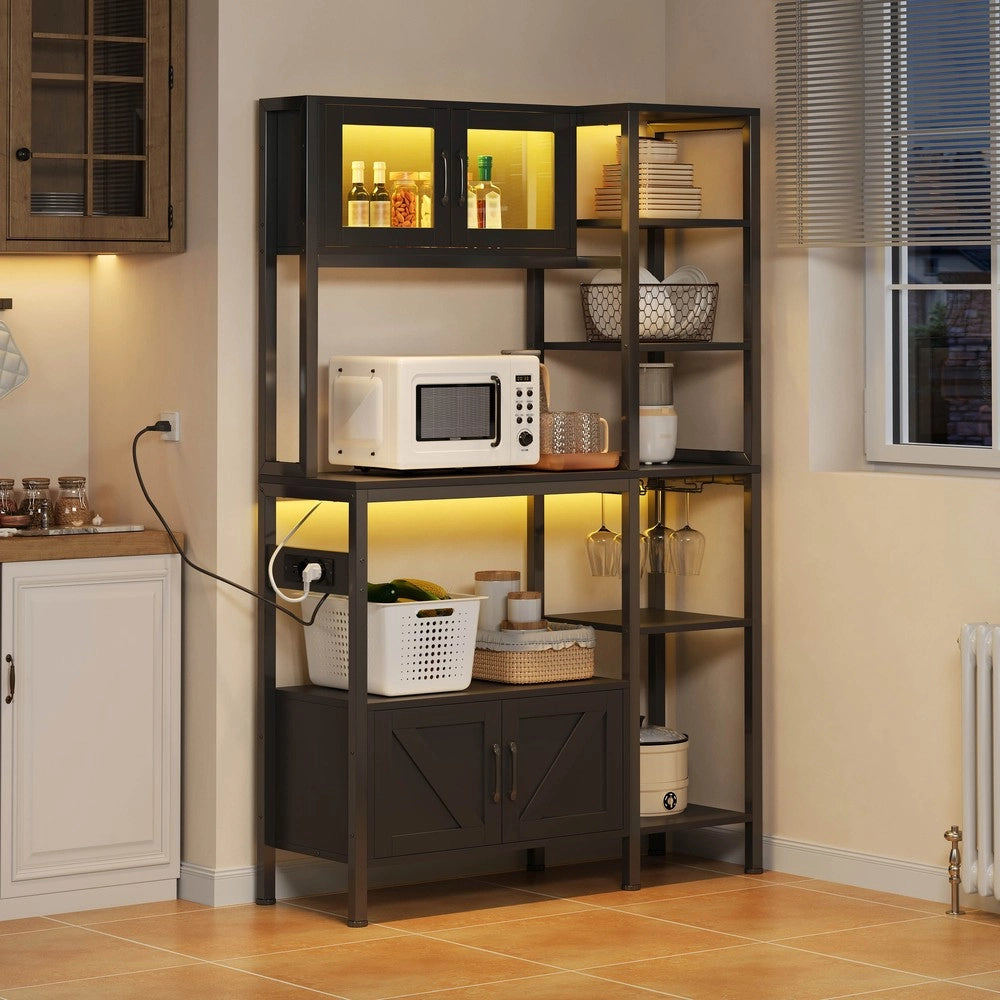 Libreria da Cucina con Presa e LED ¨C MINIMAL ¨C Scaffale Vino e Microonde, Legno, 180x115 cm