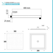 Set doccia quadrato cromo braccio 40 cm + soffione acciaio 30x30 cm