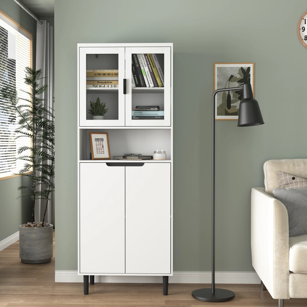 OKWISH Libreria con 4 Ante, 2 Ante in Vetro Temperato e Ripiano Regolabile, per Soggiorno, Studio o Camera, Bianco