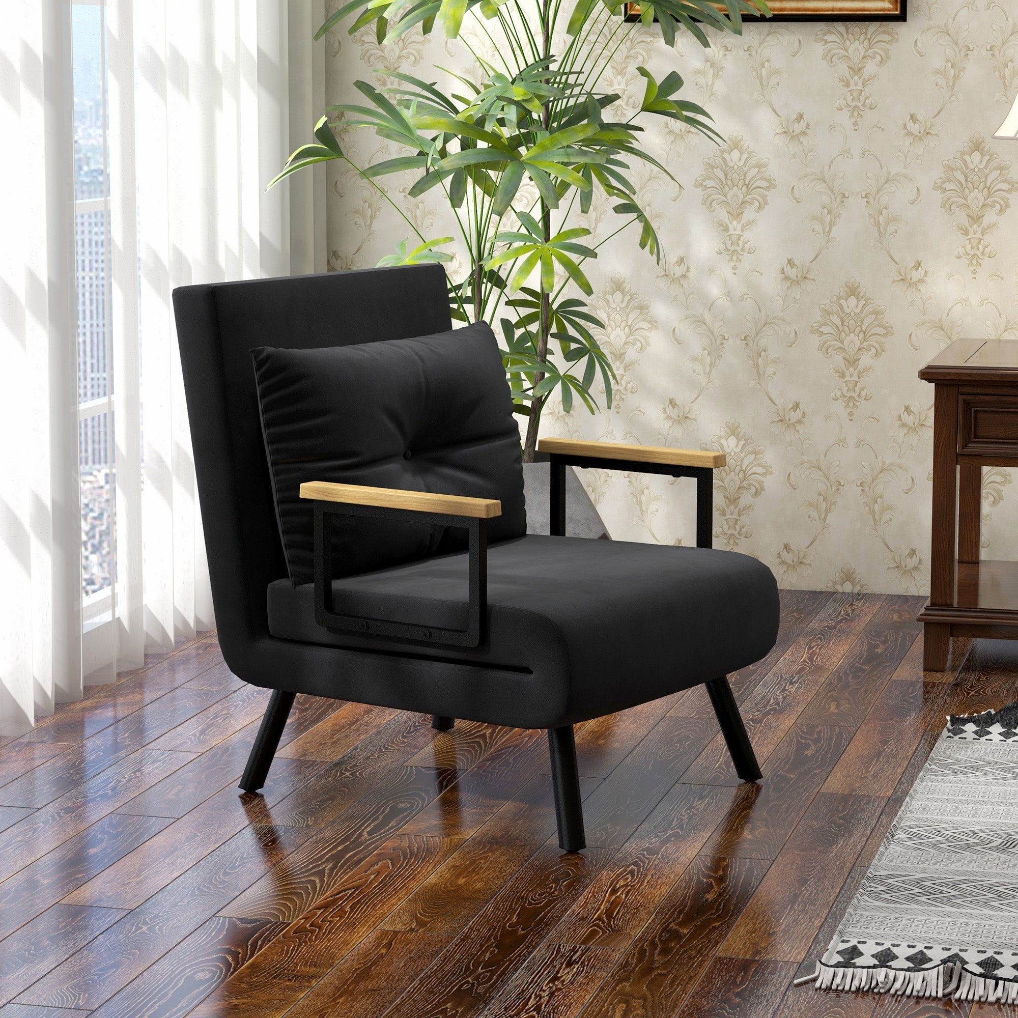 Poltrona Letto Singolo Reclinabile con Cuscino Sfoderabile in Tessuto Effetto Lino Nero