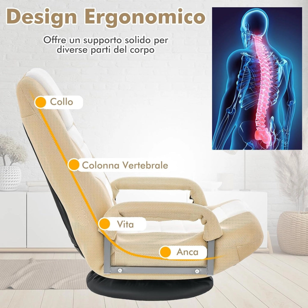Sedia da Pavimento Pighevole, Sedia da Terra con Braccioli, Poltrona da Yoga Portatile e Girevole, Poltrona con Schienale Regolabile a 5+2 Livelli, Portata 150 kg (Marrone chiaro)