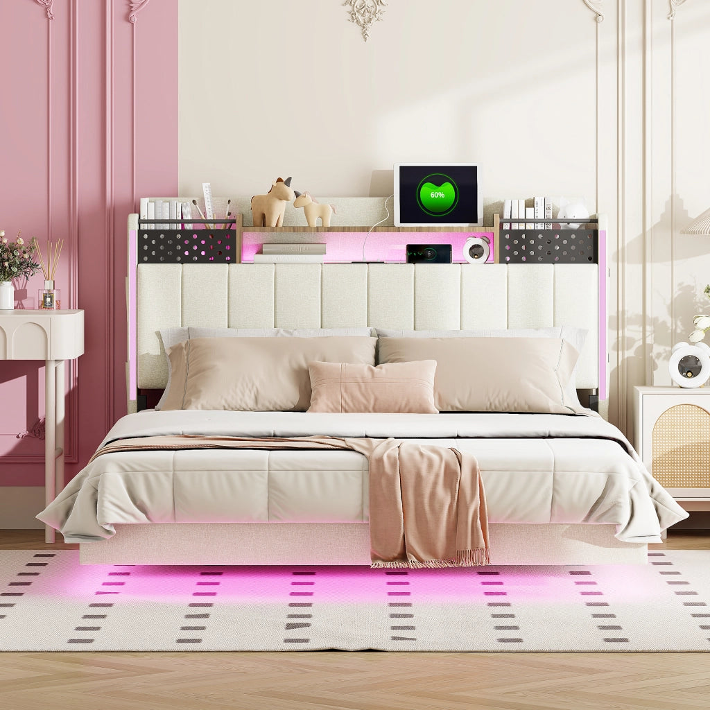 LETTO Imbottito 140x200 cm Beige con LED e porta USB