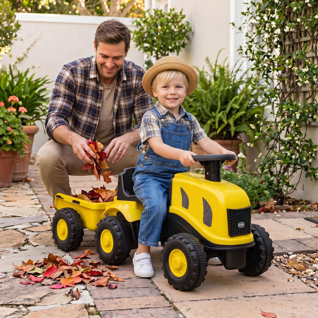 Trattore cavalcabile per bambini con rimorchio rimovibile clacson cruscotto pala e rastrello, Auto cavalcabile per bambini 18-36 mesi Giallo