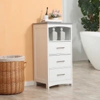 kleankin Mobiletto Bagno con Scaffale Aperto e 3 Cassetti in MDF, 40x33x80cm, Bianco